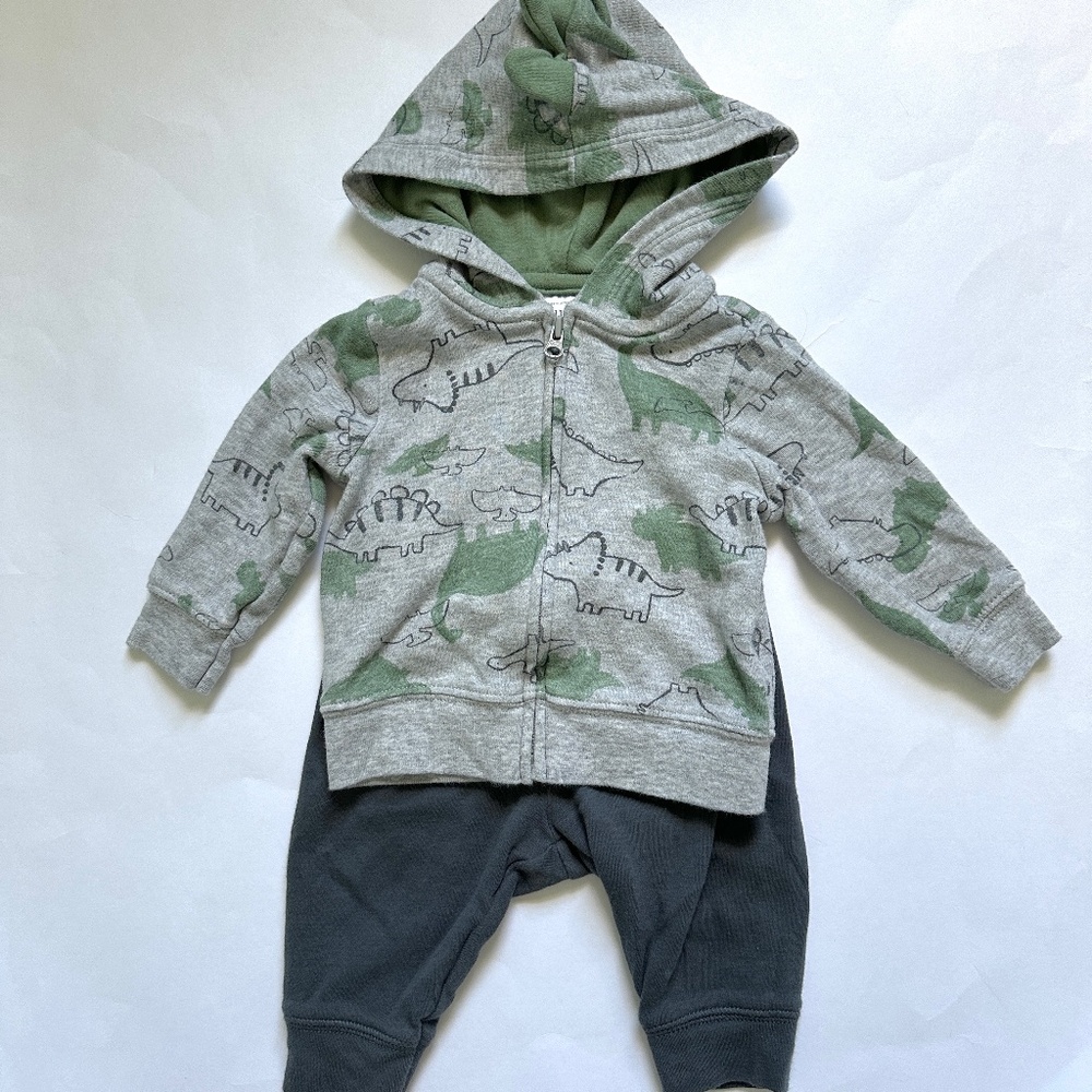 Baby Boy Matching Set Hoodie and Pants Size 3M Carter's Dinosaur Grey Green